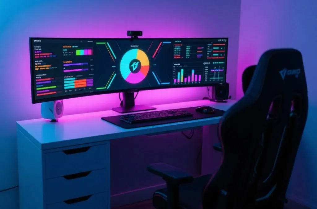 Sleek gaming room setup with an esports dashboard on monitor screen and neon lighting